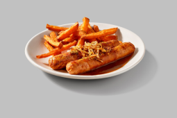 Curry wurst avec frites de patates douces et la Sensational™ Saucisse Garden Gourmet®